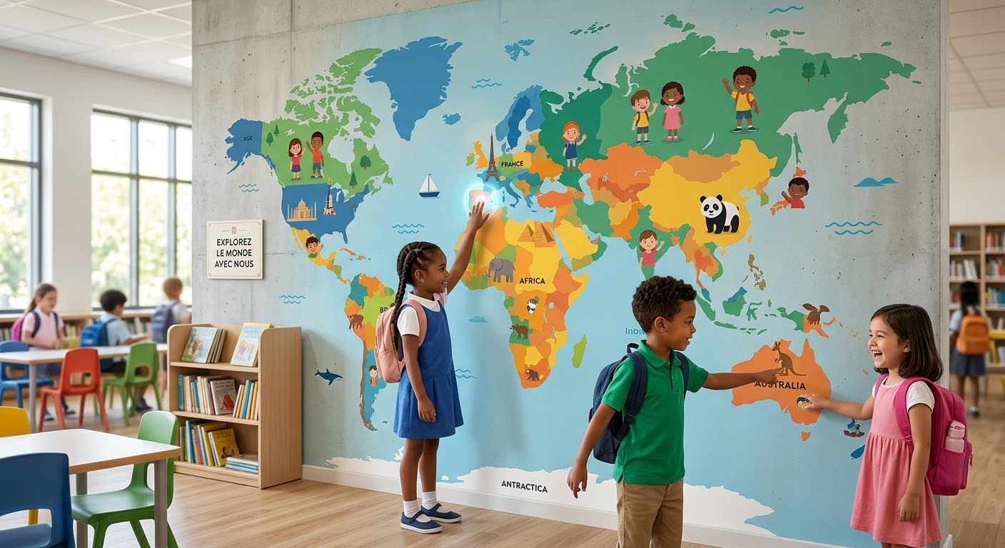 Espace pédagogique et carte du monde illustrée